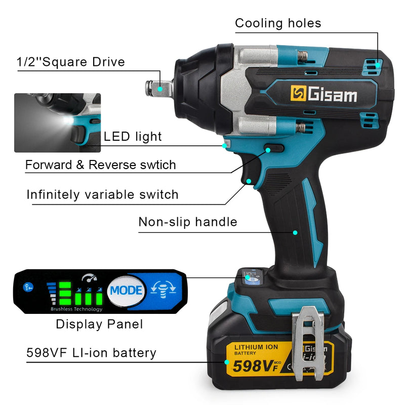 Chave de Impacto Elétrica Sem Escovas 1800N.M, 1/2 polegada Gisam - 45% OFF